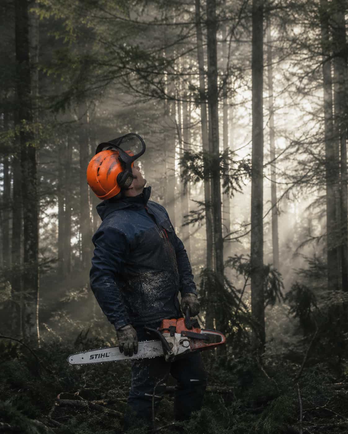 Outdoor service worker standing near trees and timber